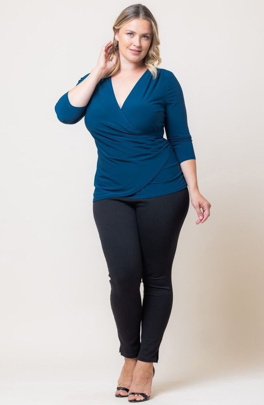 Kiyonna Top 1X Femme Fatale Faux Wrap Blue Ruched Slimming Romantic Versatile